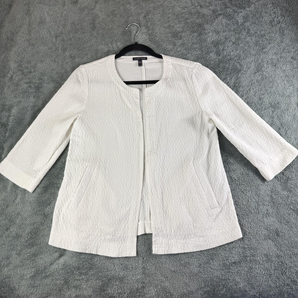 Eileen Fisher‎ Jacket Womens XS White Textured Organic Cotton Blend Open Front